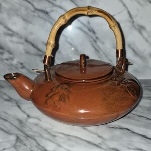 Brown Ceramic Teapot with Bamboo Handle